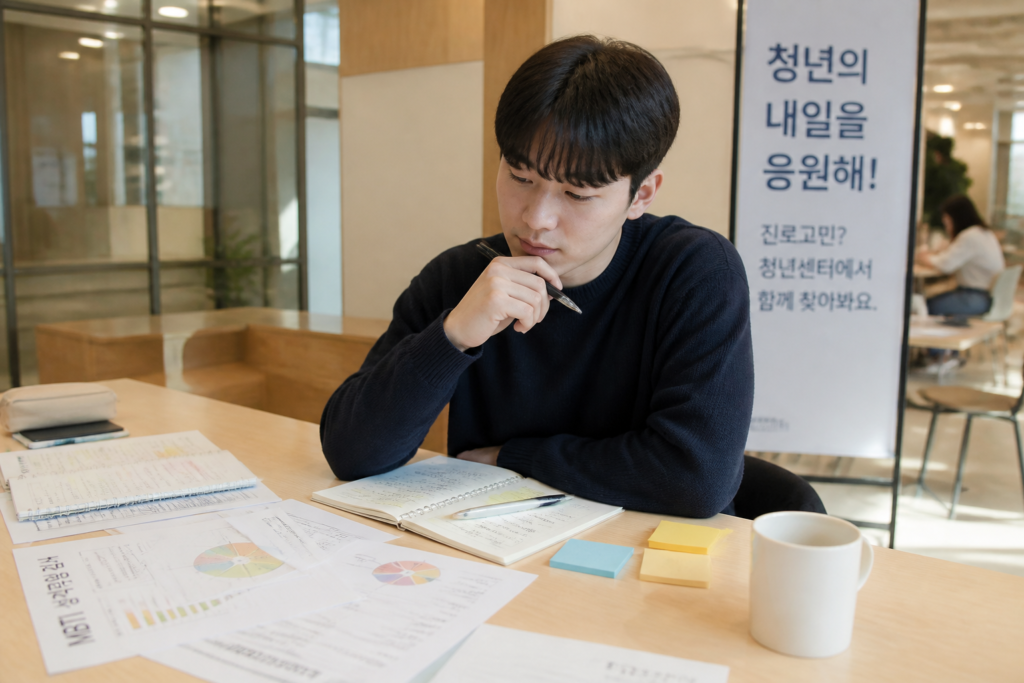청년이 진로와 강점을 점검하며 메모하는 모습