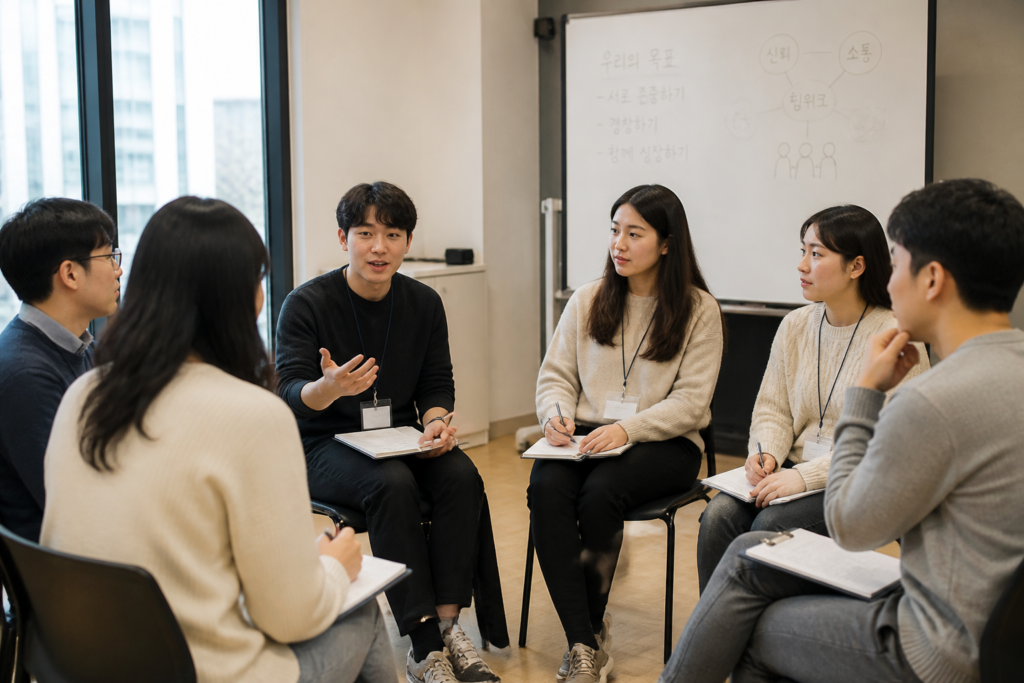 청년들이 대면 그룹 프로그램에서 소통하는 모습