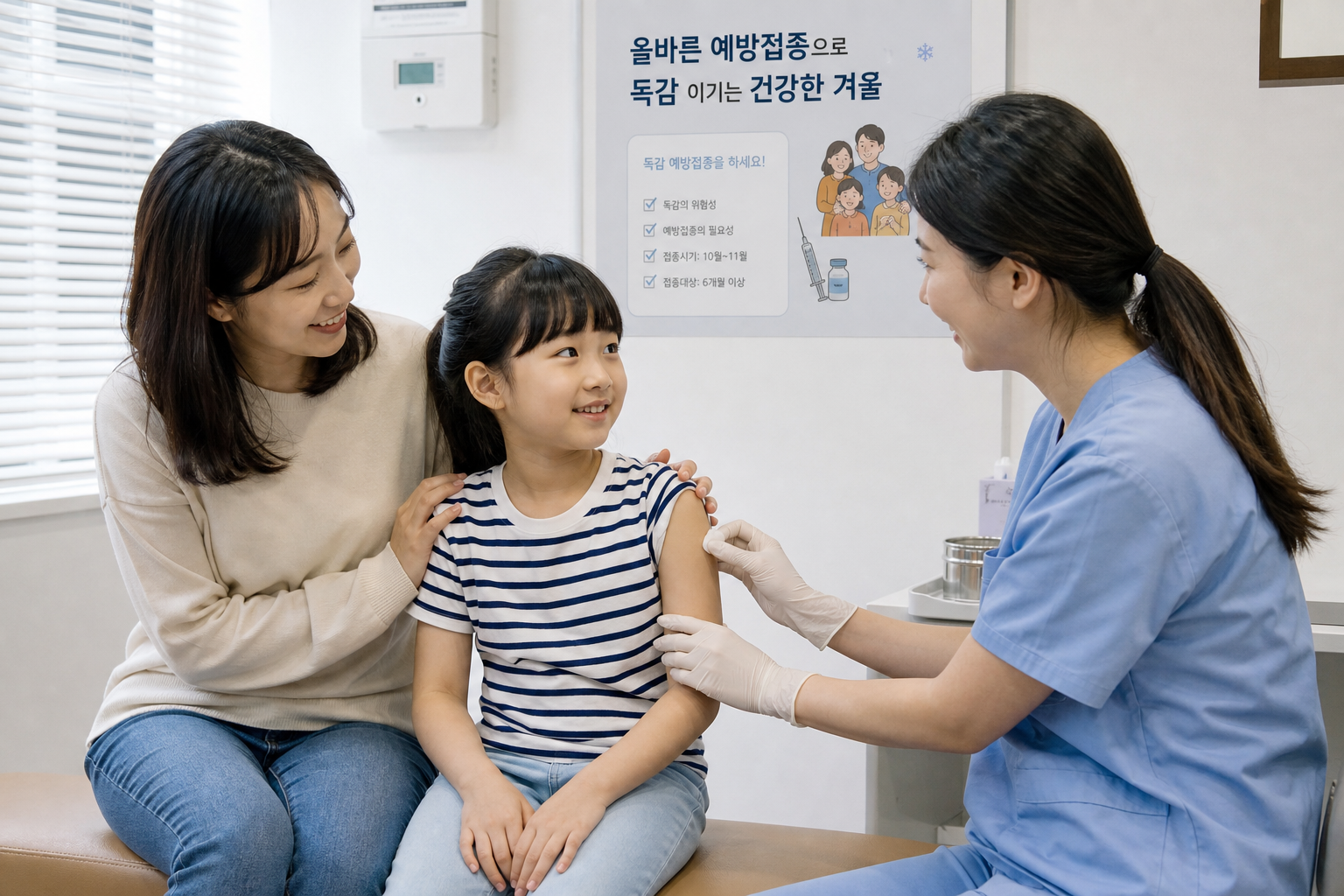소아과에서 독감 예방접종을 준비하는 어린이와 보호자