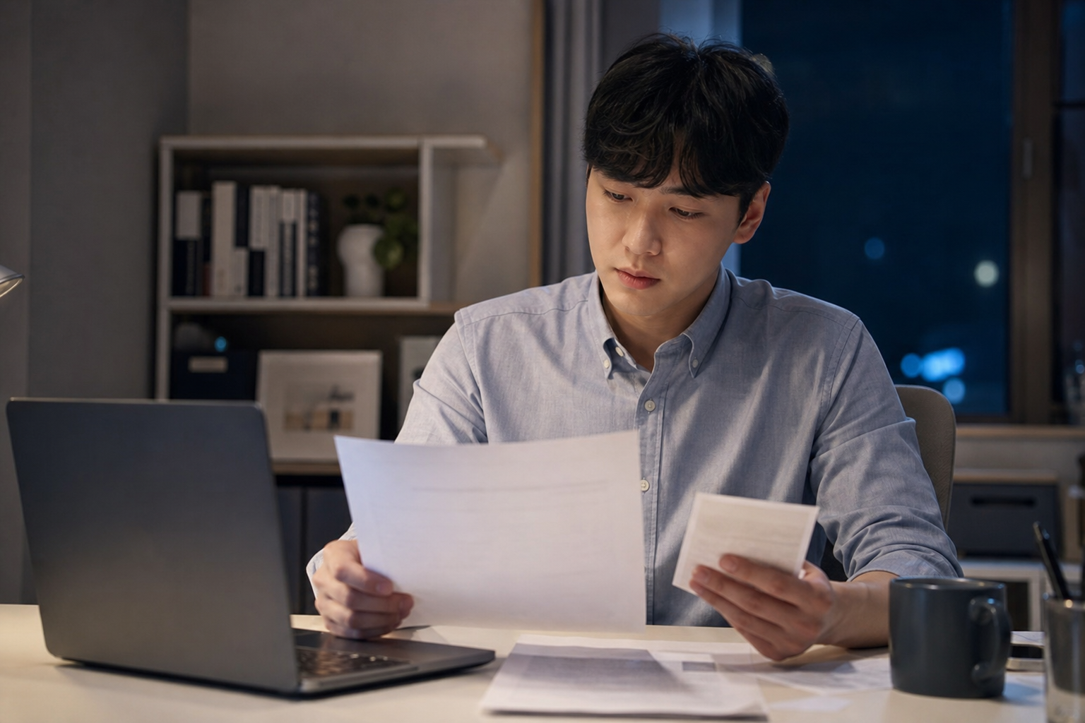 근로계약서와 급여명세서를 확인하는 직장인