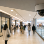 쇼핑몰 복도에 설치된 CCTV 카메라와 개인정보 보호를 상징하는 장면