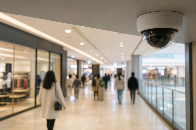 쇼핑몰 복도에 설치된 CCTV 카메라와 개인정보 보호를 상징하는 장면