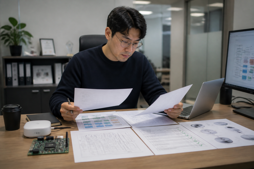 IoT 제품 설명서와 하드웨어 설계도를 검토하는 보안인증 준비 모습