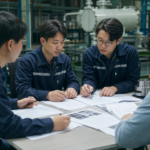 성능인증 EPC 신청을 준비하는 중소기업 관계자들이 제품자료와 시험성적서를 검토하는 모습