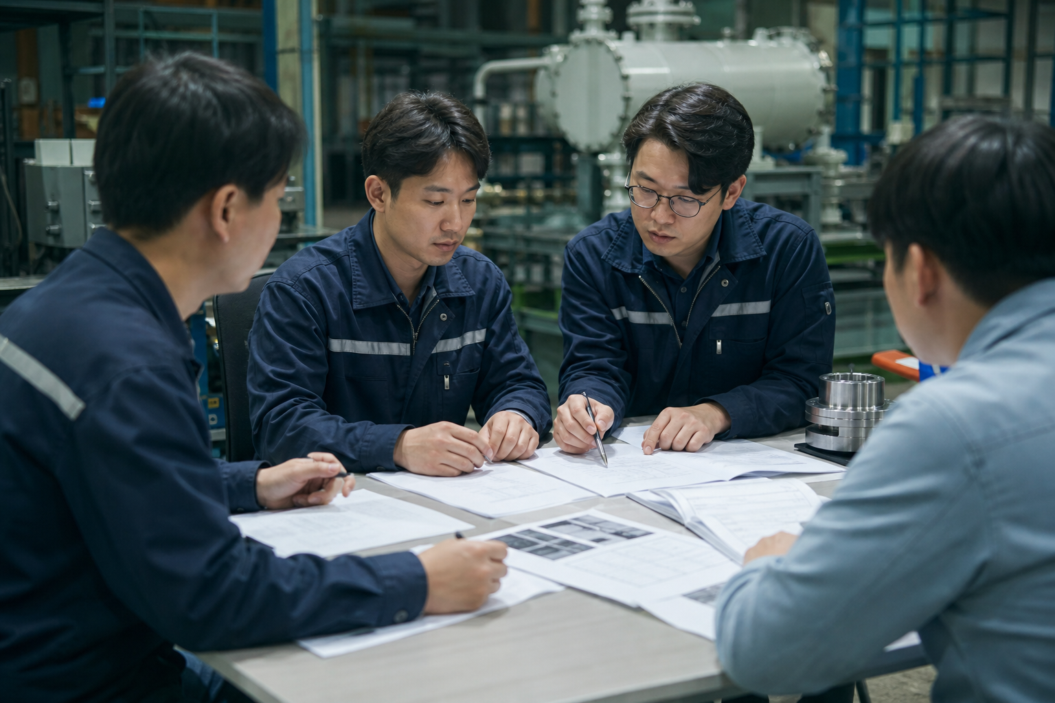 성능인증 EPC 신청을 준비하는 중소기업 관계자들이 제품자료와 시험성적서를 검토하는 모습