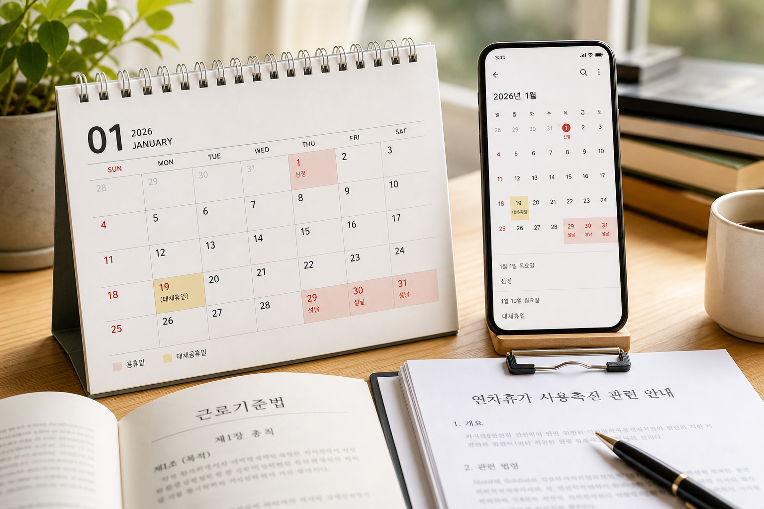 2026년 공휴일과 대체공휴일을 표시한 달력