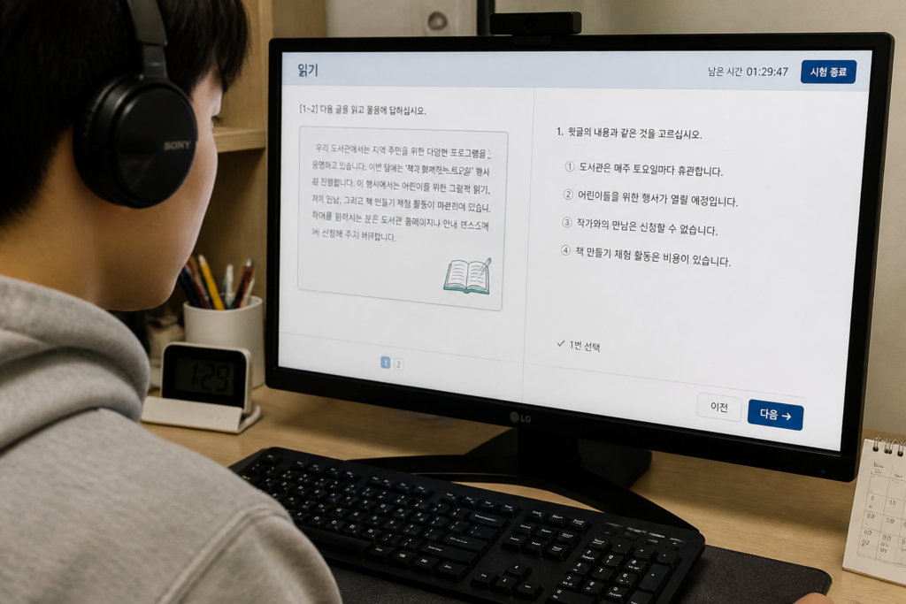컴퓨터 화면으로 TOPIK IBT 읽기 문제를 연습하는 모습