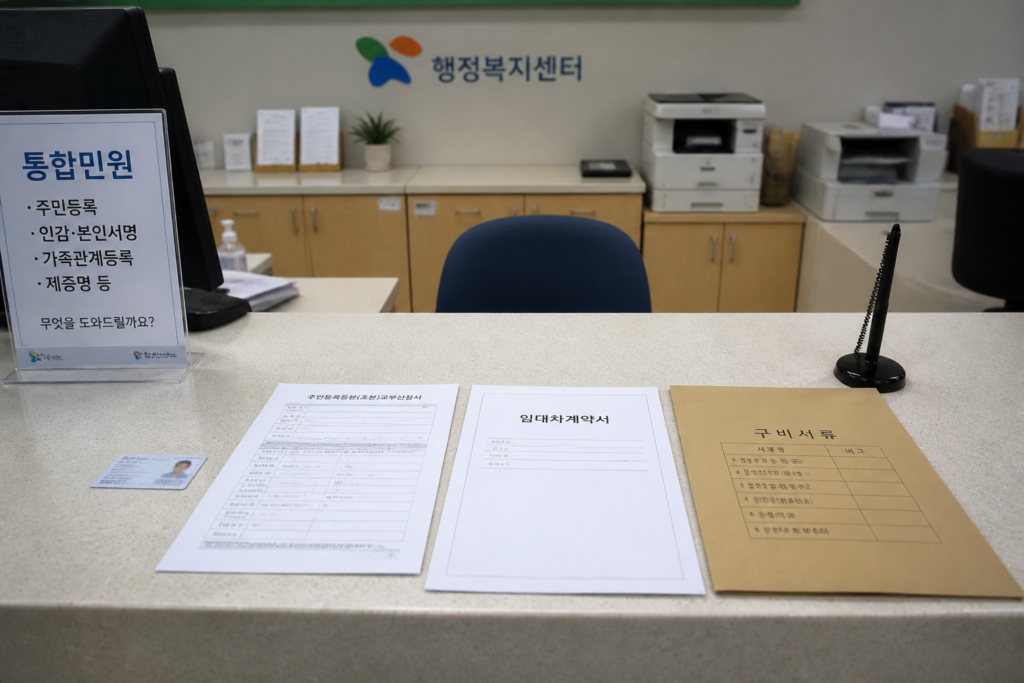 주민센터 방문 신청을 위해 준비한 신분증과 임대차계약서