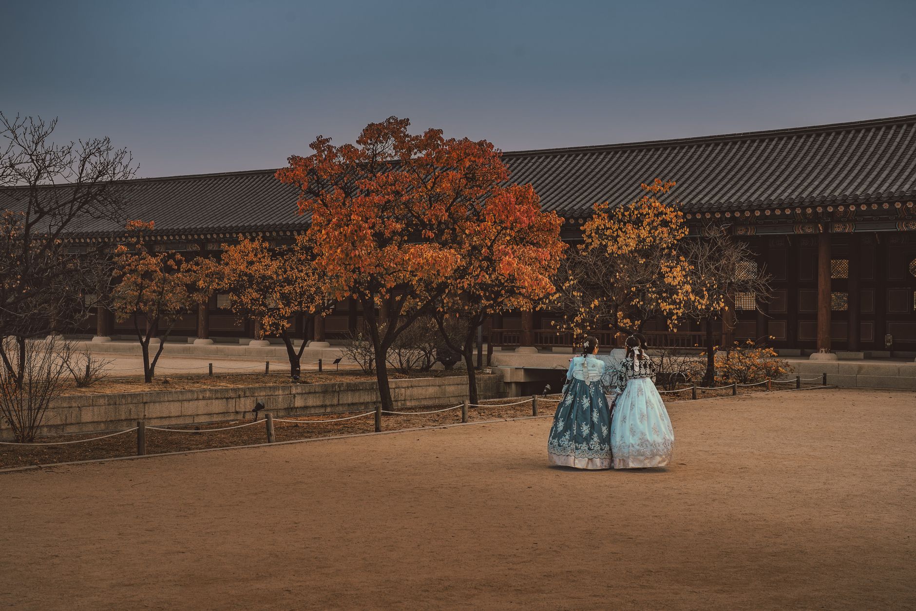 가을밤 경복궁에서 한복을 입고 궁중문화축전을 즐기는 관람객들