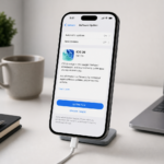 iOS 26 업데이트 화면이 표시된 아이폰