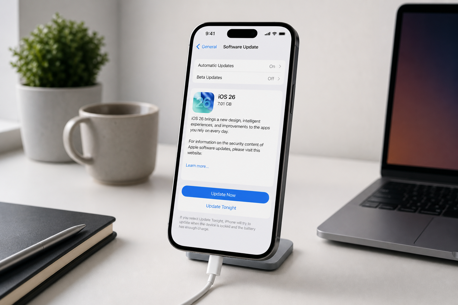 iOS 26 업데이트 화면이 표시된 아이폰