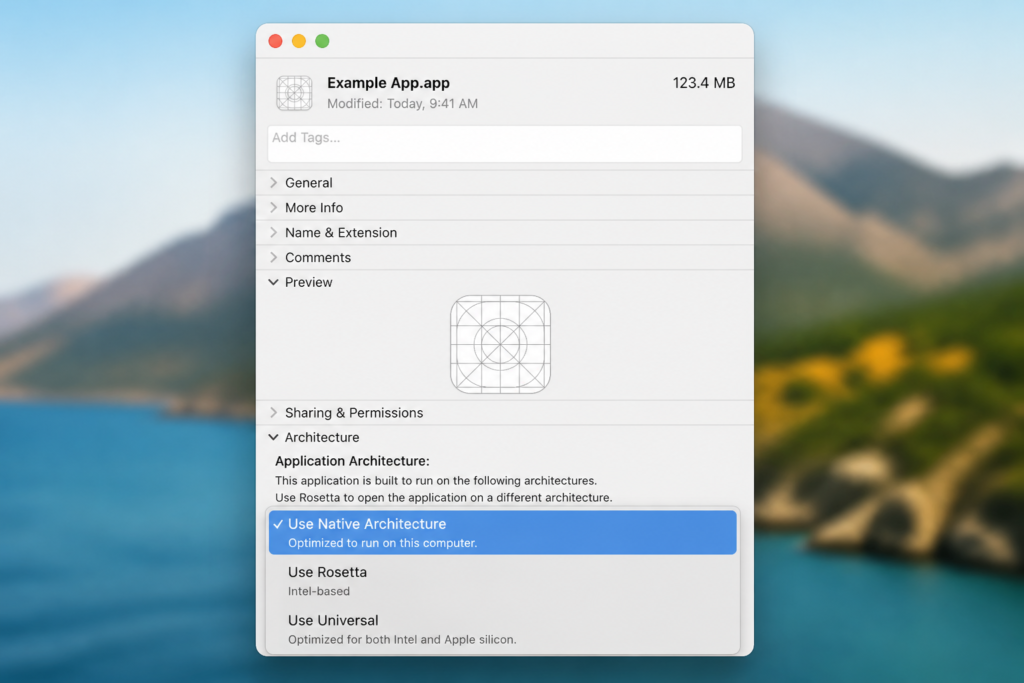 macOS Finder 정보 가져오기 창에서 앱 아키텍처를 확인하는 모습