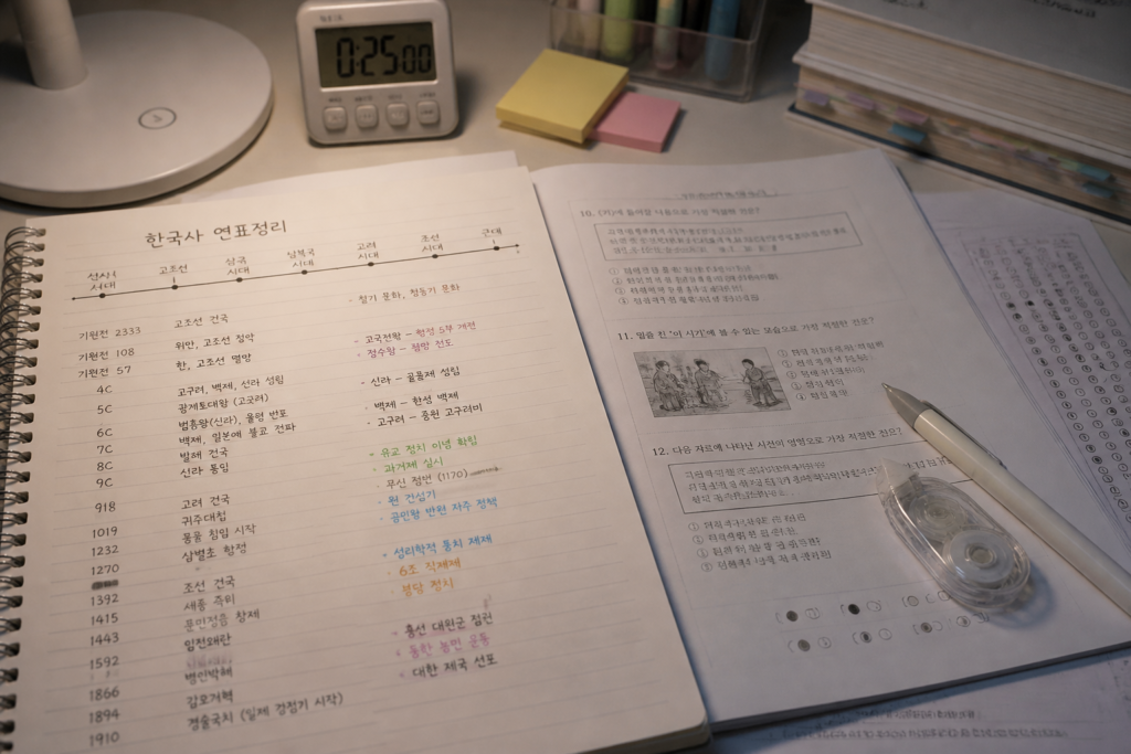 한국사 심화 시험을 앞두고 기출문제와 역사 흐름을 정리하는 모습