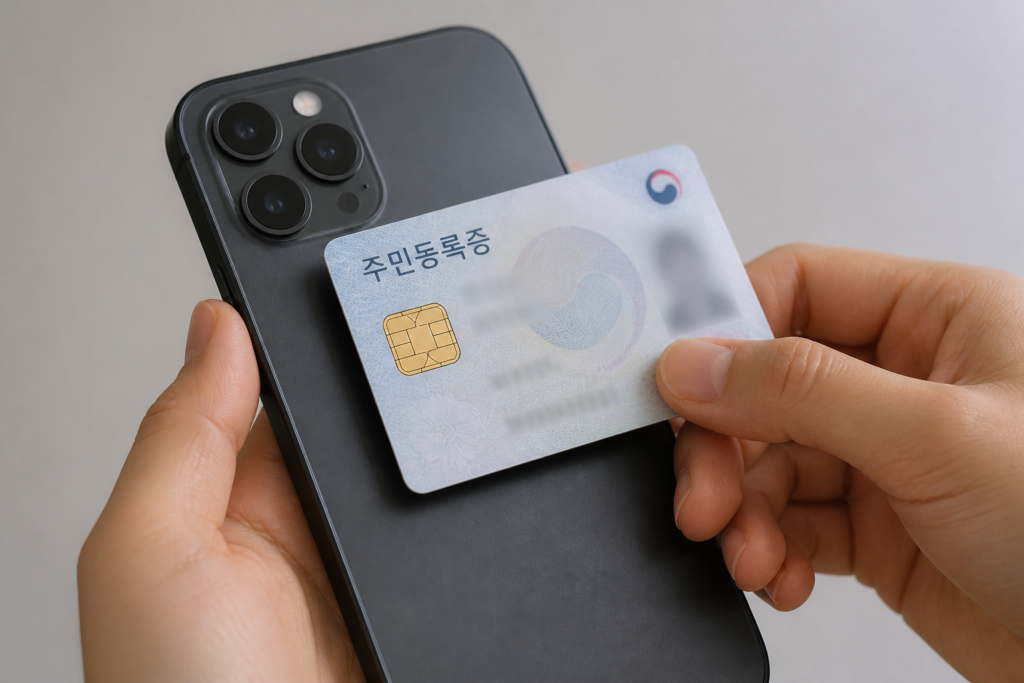 IC 주민등록증을 휴대폰에 태그해 모바일 주민등록증을 발급하는 모습
