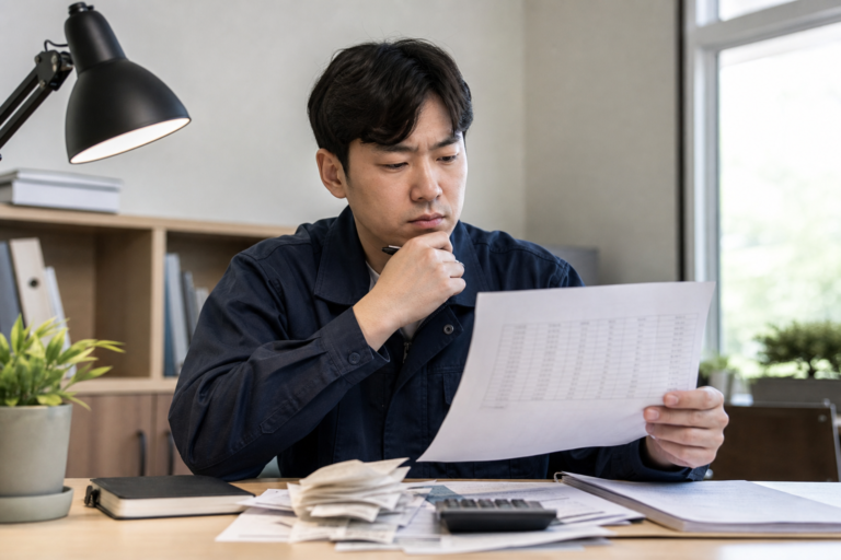 임금체불 서류를 확인하는 근로자와 노동 protection 상담 이미지