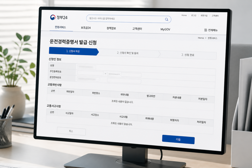 운전경력증명서 신청 화면에서 법규위반과 교통사고 조회 기간을 설정하는 모습