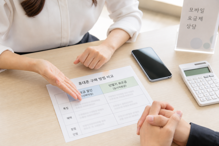 선택약정 25% 할인과 휴대폰 공통지원금을 비교하는 모습