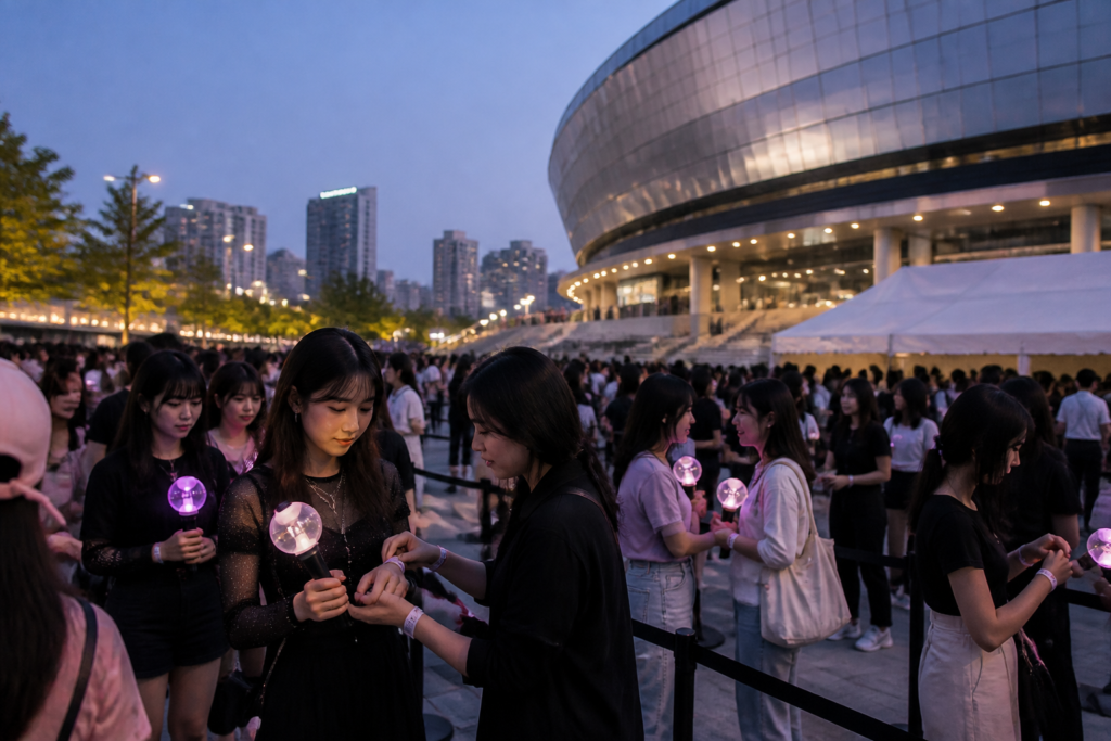 콘서트 입장 팔찌와 공연장 입장 대기 줄