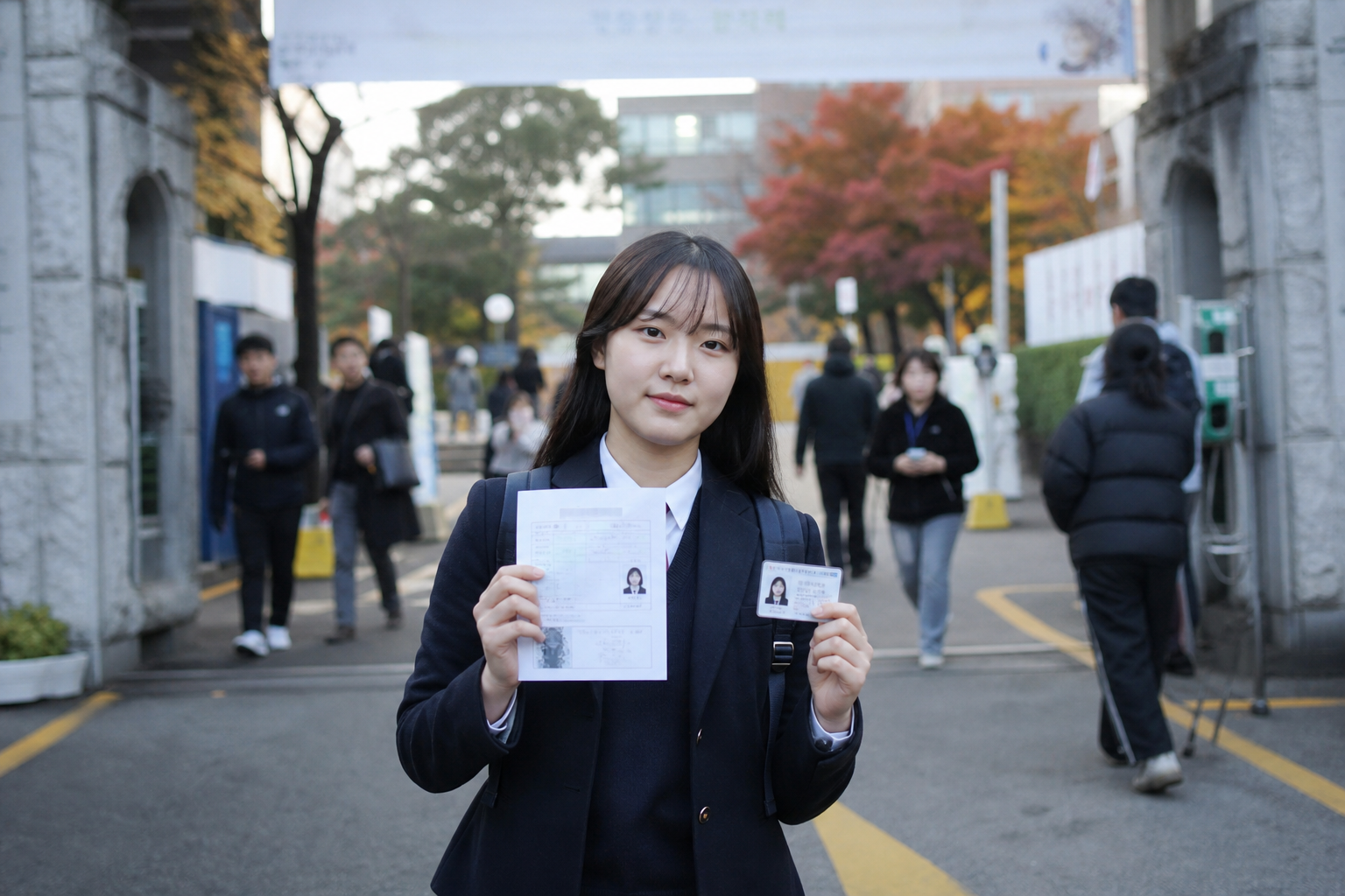 수능 시험장 입구에서 수험표와 신분증을 확인하는 수험생
