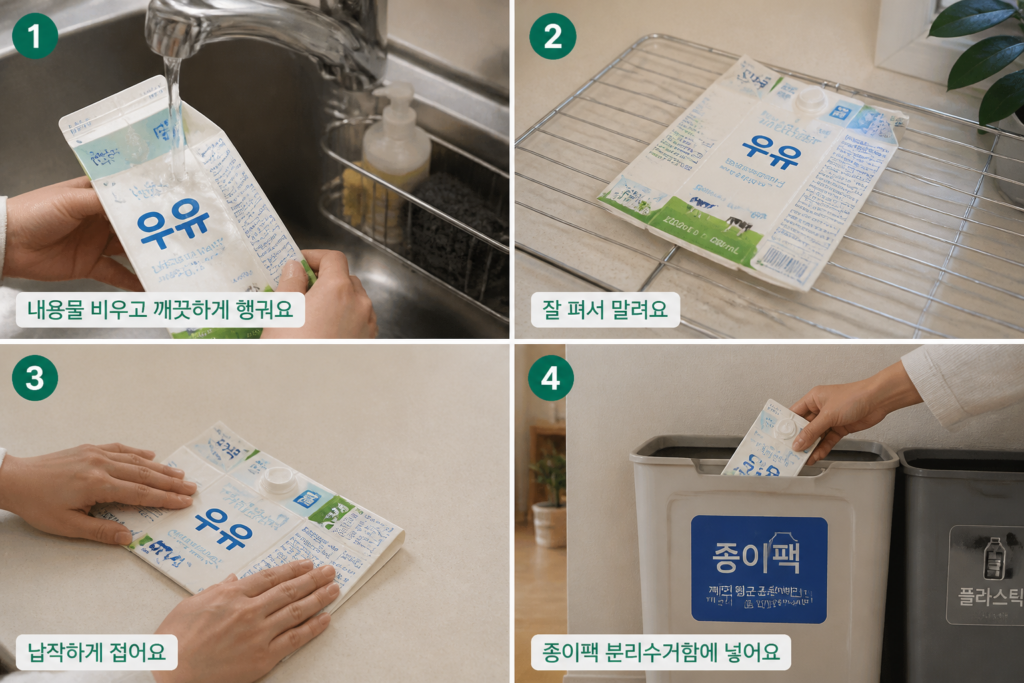 우유팩을 헹구고 납작하게 접어 종이팩 수거함에 넣는 모습