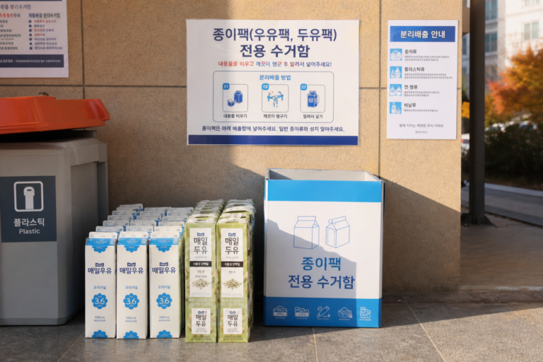 아파트 분리수거장에 따로 모아둔 우유팩과 두유팩