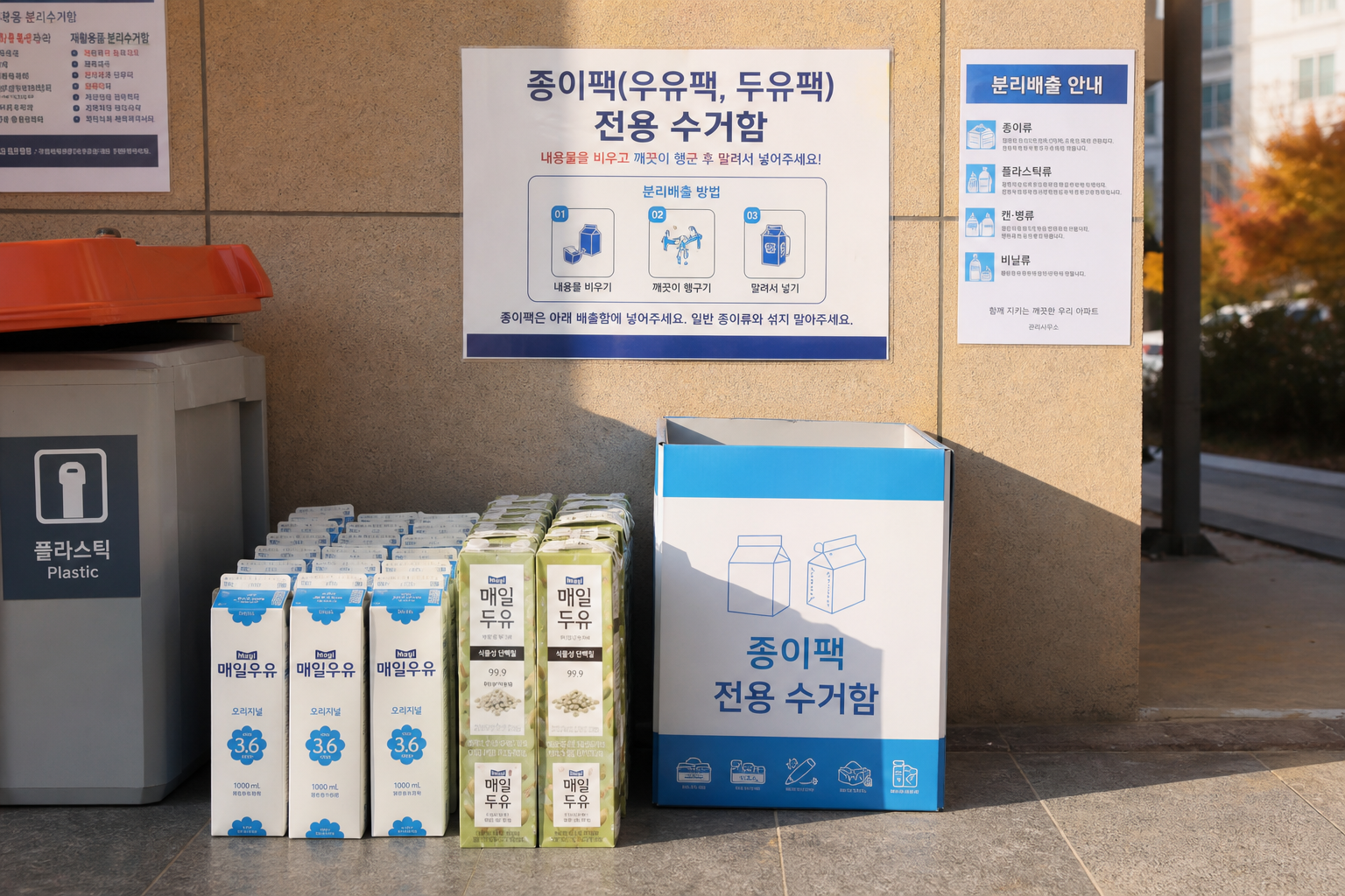 아파트 분리수거장에 따로 모아둔 우유팩과 두유팩