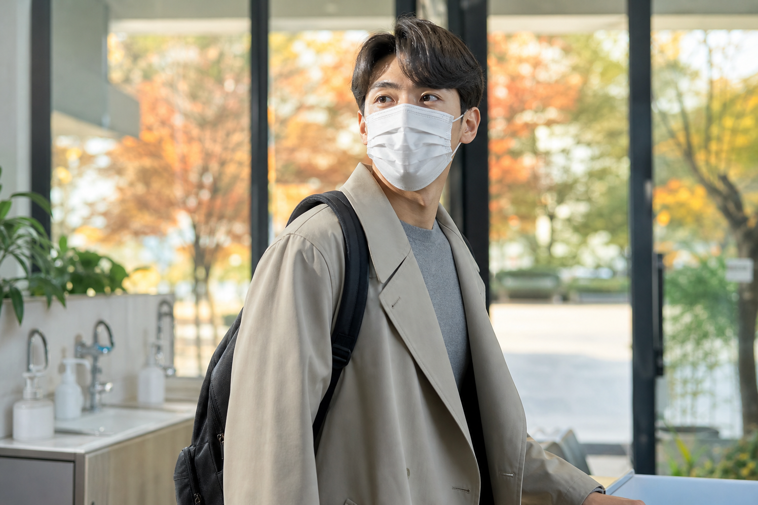 환절기 호흡기 감염병 예방을 위해 마스크를 착용하고 손을 씻는 모습