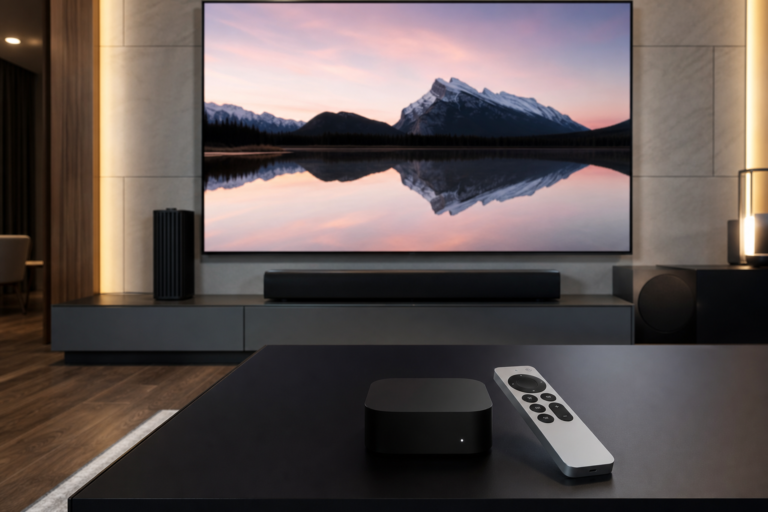 새 Apple TV 4K와 Siri Remote가 놓인 홈시어터 환경
