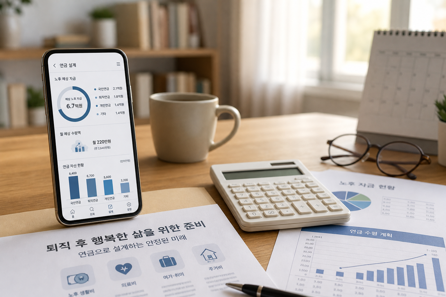 스마트폰과 서류로 국민연금 예상연금액을 확인하는 모습