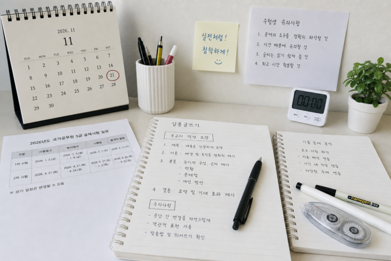 한국실용글쓰기시험을 준비하는 책상과 시험 일정 달력
